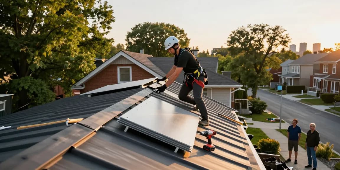 Professional roofer installing durable metal roofing for mroof.ca in Toronto, showcasing quality and expert craftsmanship