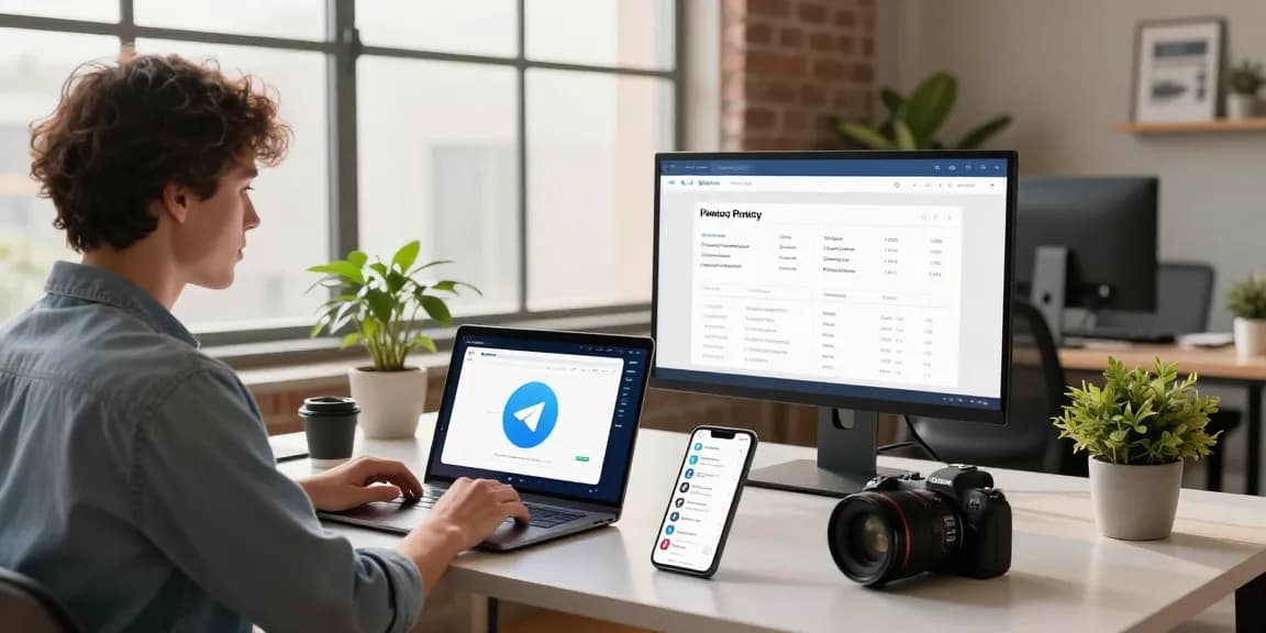 Explore Telegram Download in a vibrant tech workspace with multiple devices highlighting privacy features.
