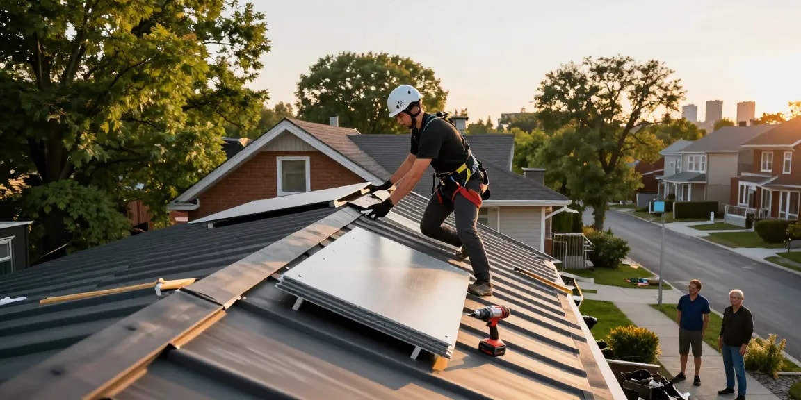 Professional roofer installing durable metal roofing for mroof.ca in Toronto, showcasing quality and expert craftsmanship
