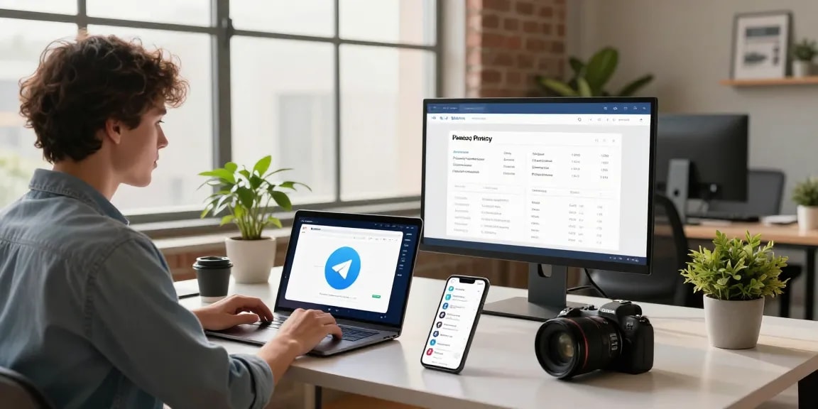 Explore Telegram Download in a vibrant tech workspace with multiple devices highlighting privacy features.