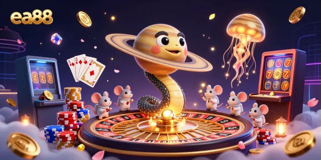 Engage with the vibrant world of ea88, featuring a playful Saturn ring snake and cosmic dealer in a thrilling casino scene.