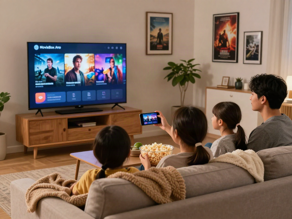 Family enjoying movie night using the MovieBox Pro APK in a cozy living room.
