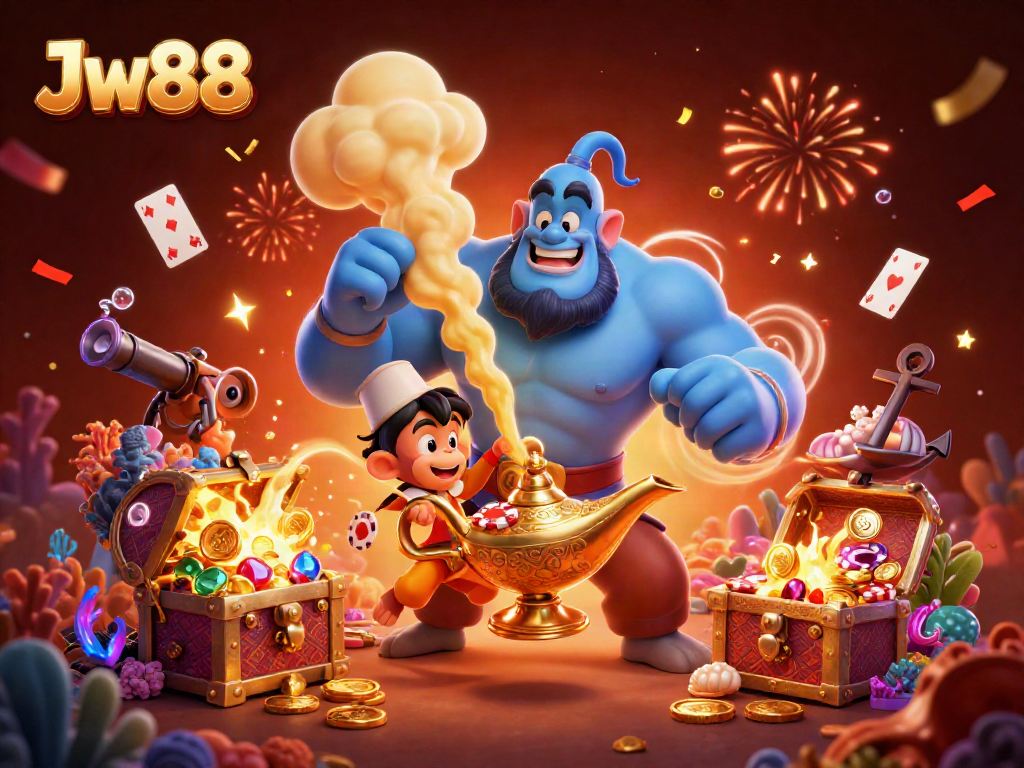 Experience thrilling moments with Jw88 in a vibrant casino scene featuring a genie, monkey, and poker elements.