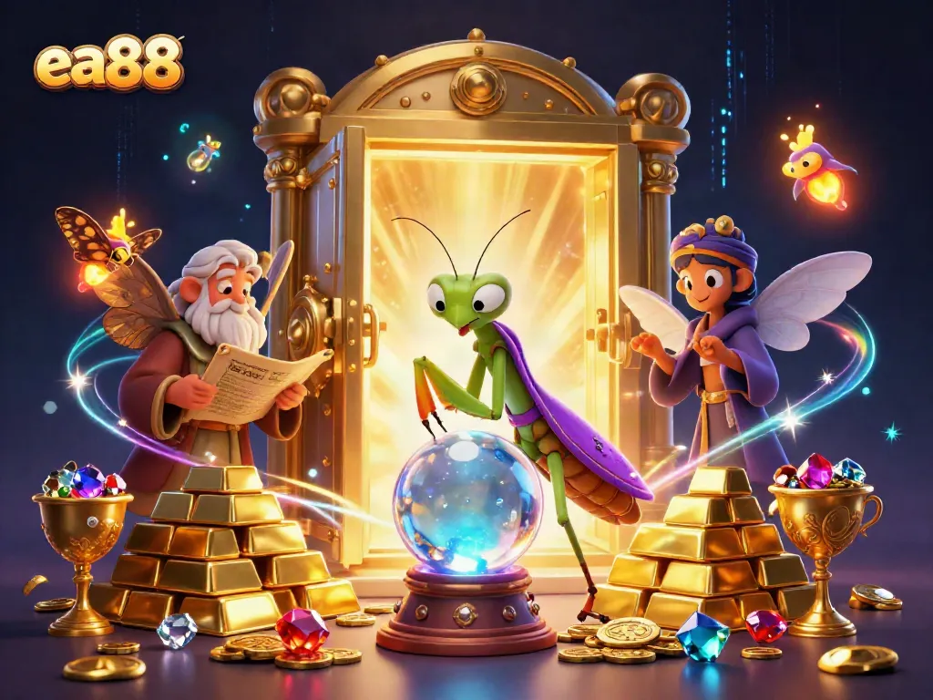 ea88 players explore fortune with a mystical crystal ball in a vibrant casino scene.