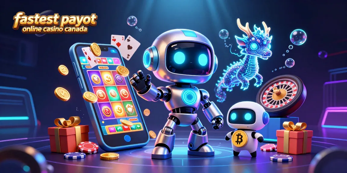 Explore the fastest payout online casino Canada with vibrant 3D scene featuring a cyberpunk robot, AI dragon, and bitcoin drone.