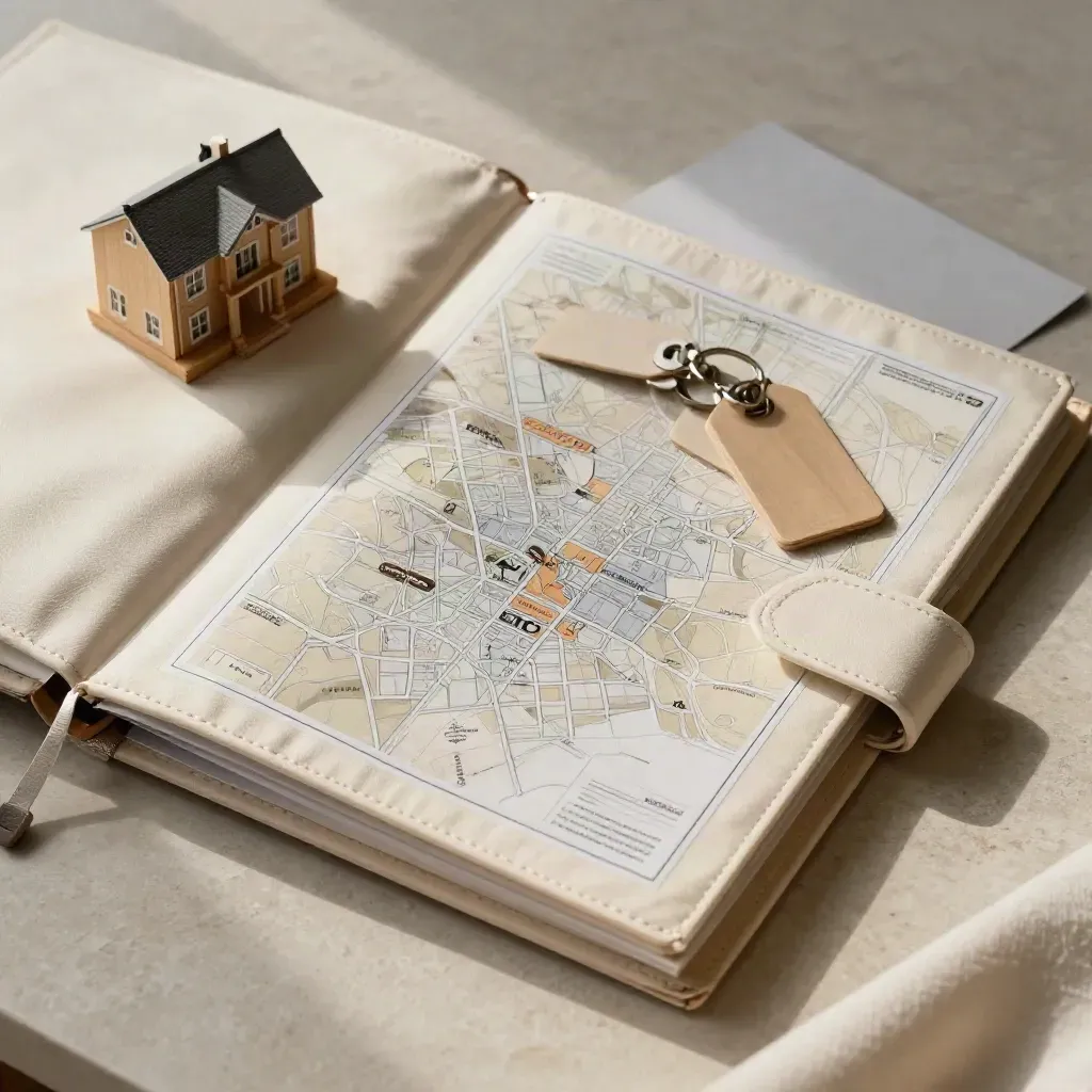 Overhead flatlay of a family home search kit in cream fabric with map tiles, oak house model and key tags.