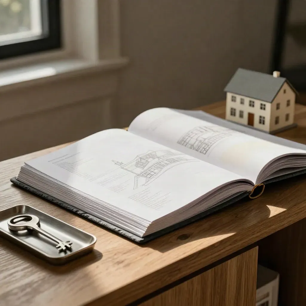 Open listing binder, sample boards, house model, and keys on a foyer console in soft daylight.
