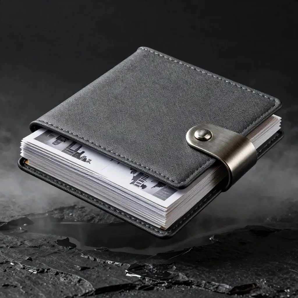 Dark linen condo folio with tabs, key sleeve, and map cards hovering over wet black stone.