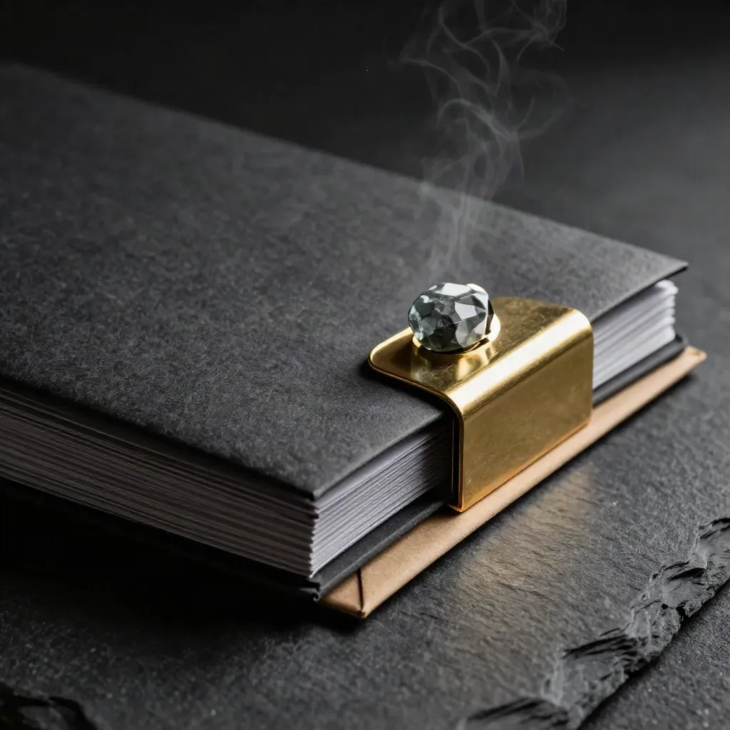 Close-up of a charcoal valuation dossier with brass clip and stone paperweight on slate