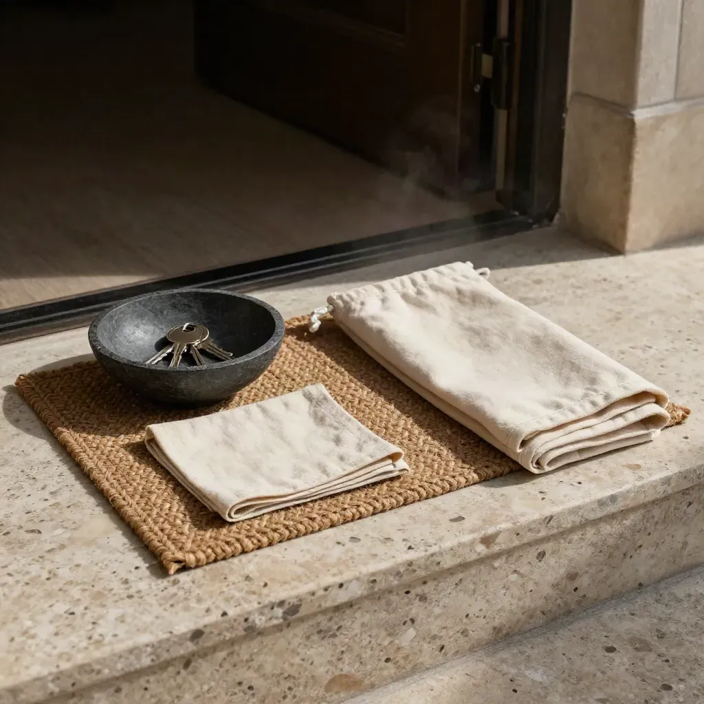 Open-house help kit on a stone threshold with keys, mat sample, pouch, and cloth.