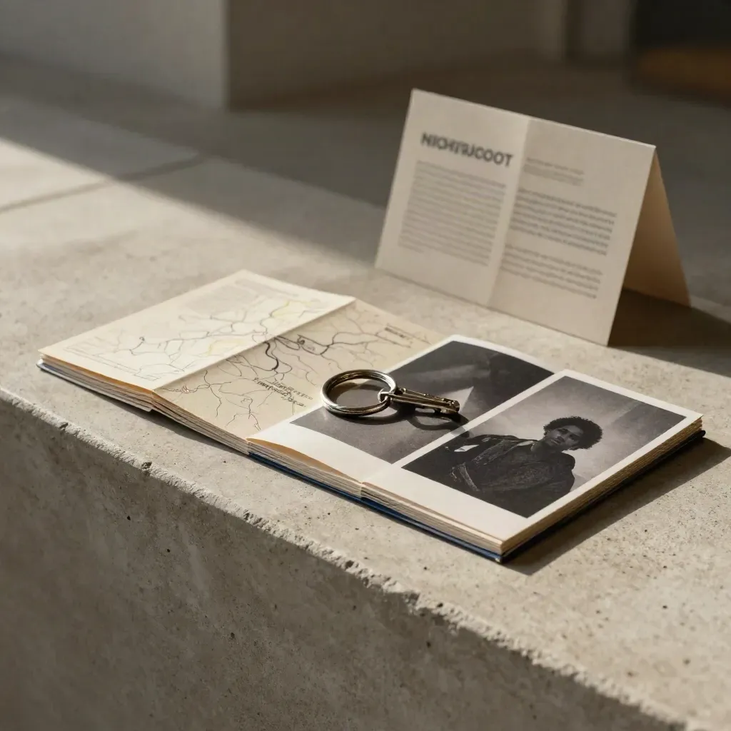 Neighborhood shortlist folio with map cards, key ring and photo prints on pale concrete