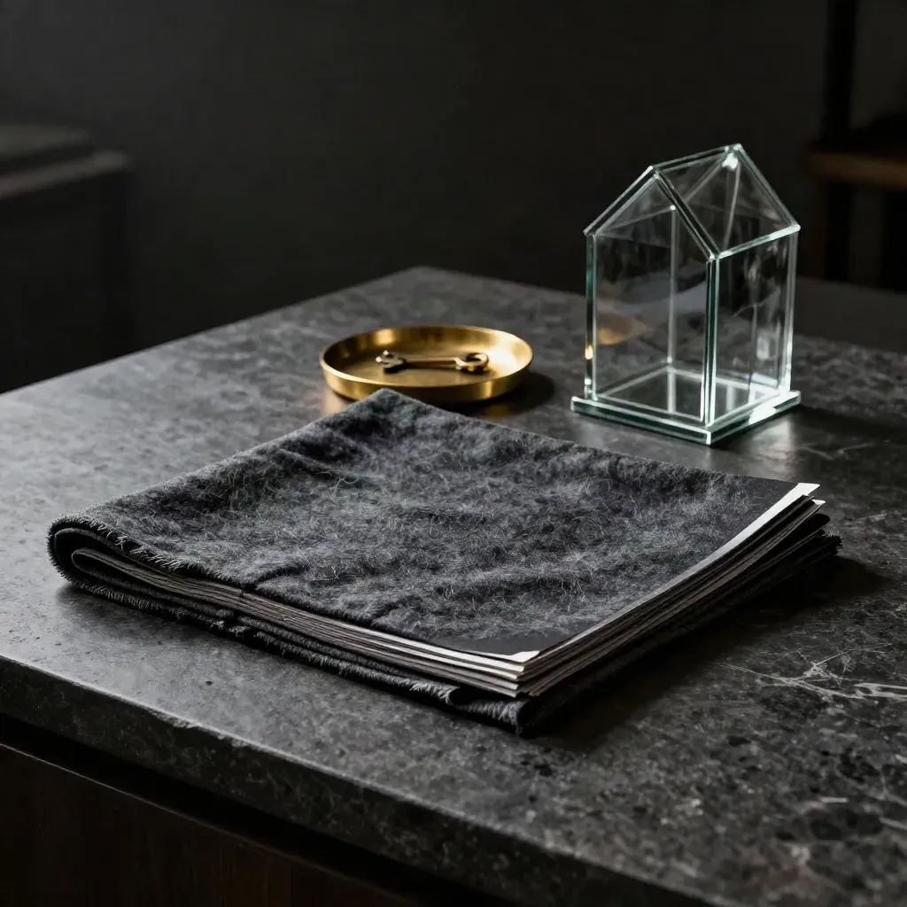 Dark real-estate launch kit with glass house model, brass dish, boards and charcoal cloth.