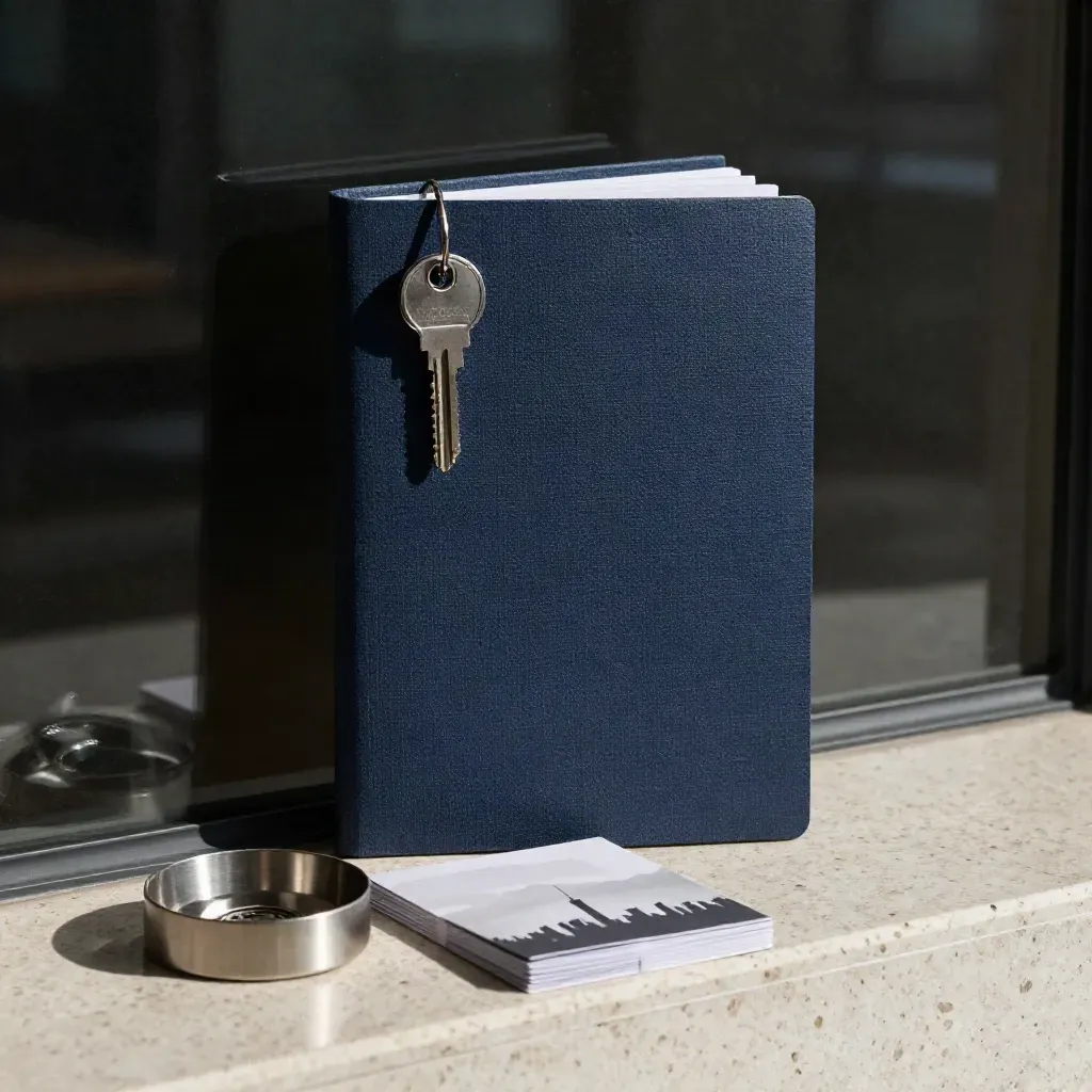 Midnight linen condo buyer folio, aluminum key dish, and folded map cards on travertine.