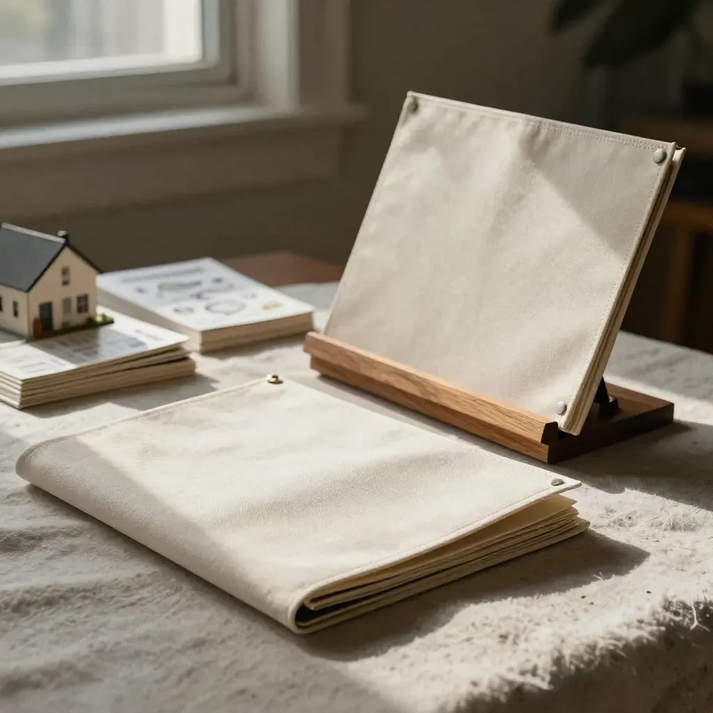 Family home shortlist kit on a wool throw with folio, map cards, stand, and house model.