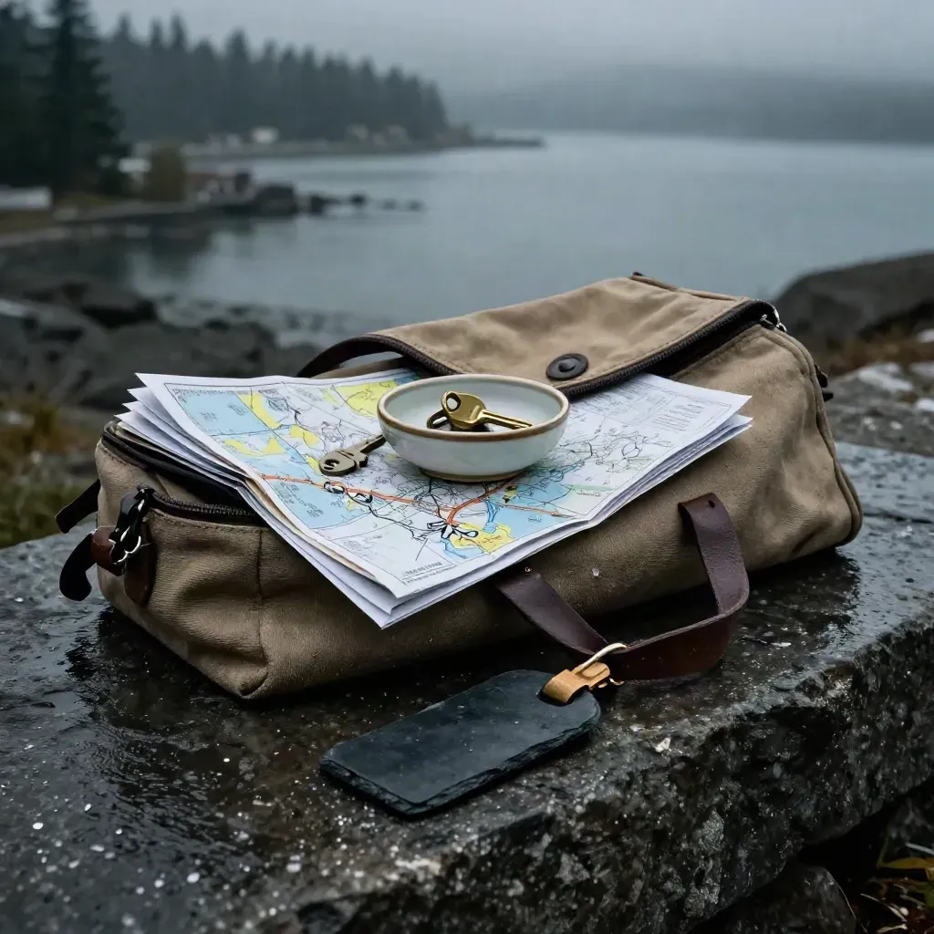 Canvas travel pouch, route map, ceramic key bowl and luggage tag on a wet stone ledge by the sea.