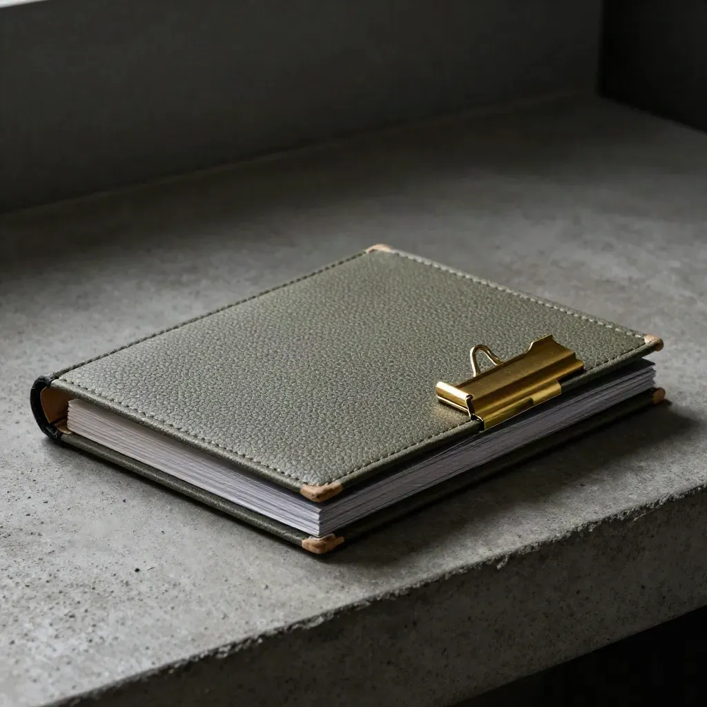 Charcoal valuation binder, graphite chips, brass clip and sealed envelope on concrete.