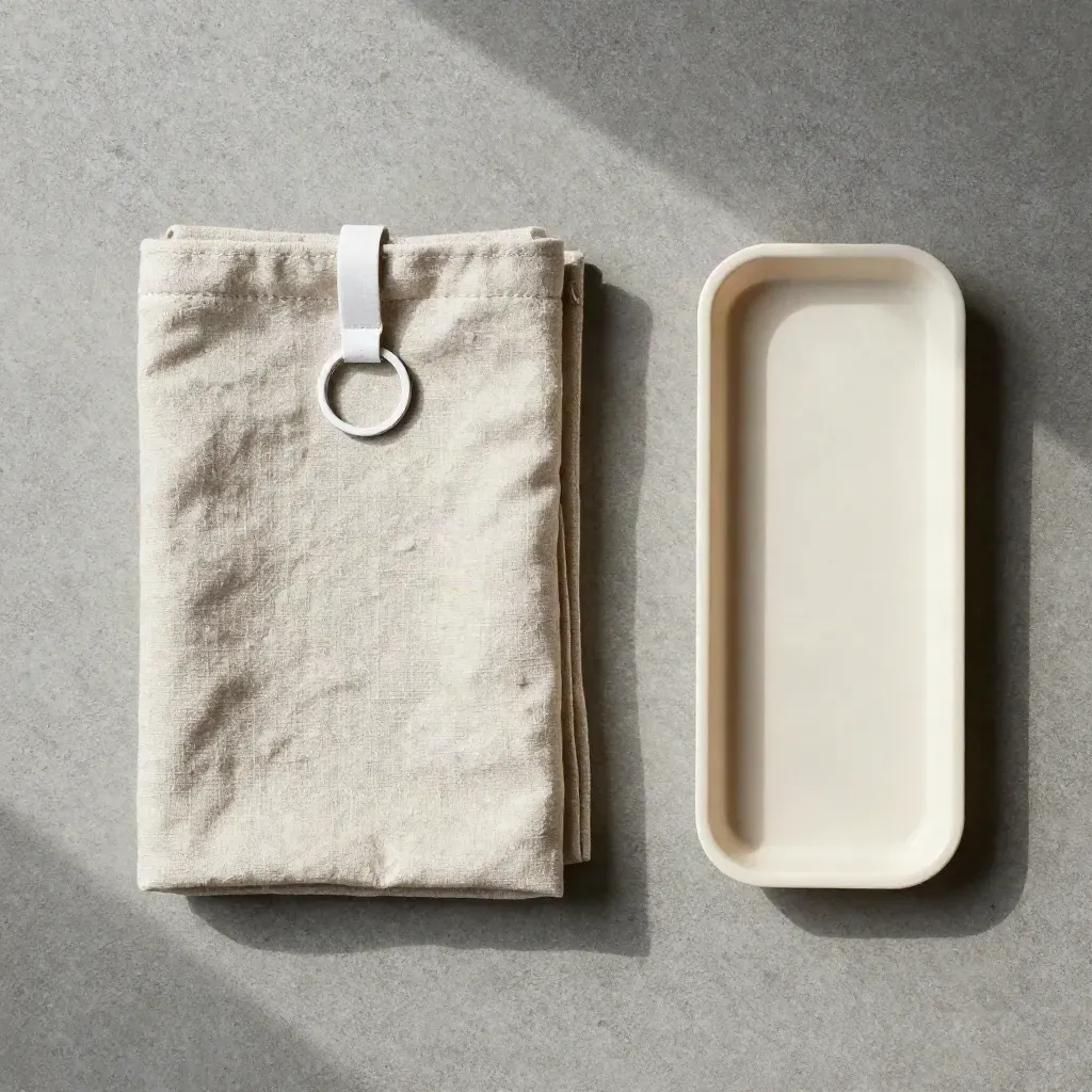 Overhead flatlay of an Ottawa open-house pack with linen, key ring, pouch and tray