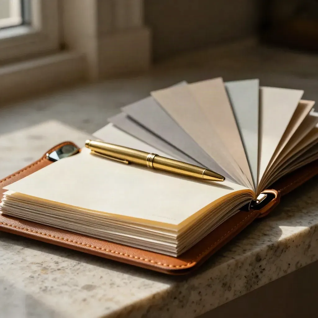 Extreme macro of a Montreal listing support folio with swatches and a brass pen.