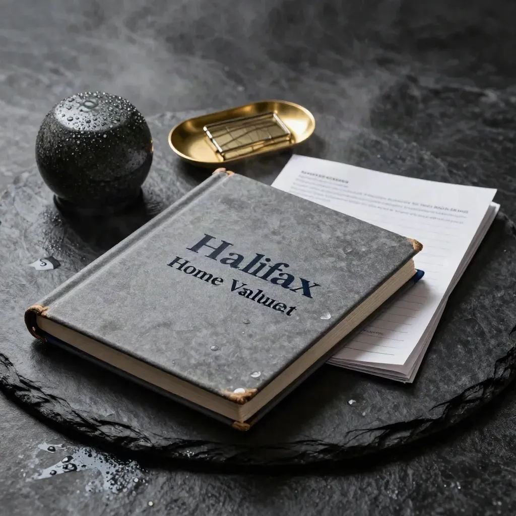 Weathered binder, map-pin tray, paperweight and coastal notes on damp slate in dramatic low-key light.