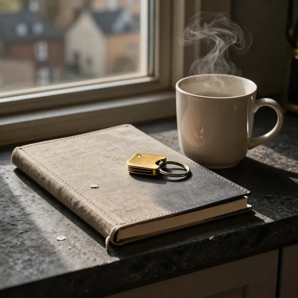 Linen notebook, ceramic mug, key ring and folio on a dark stone shelf with steam.