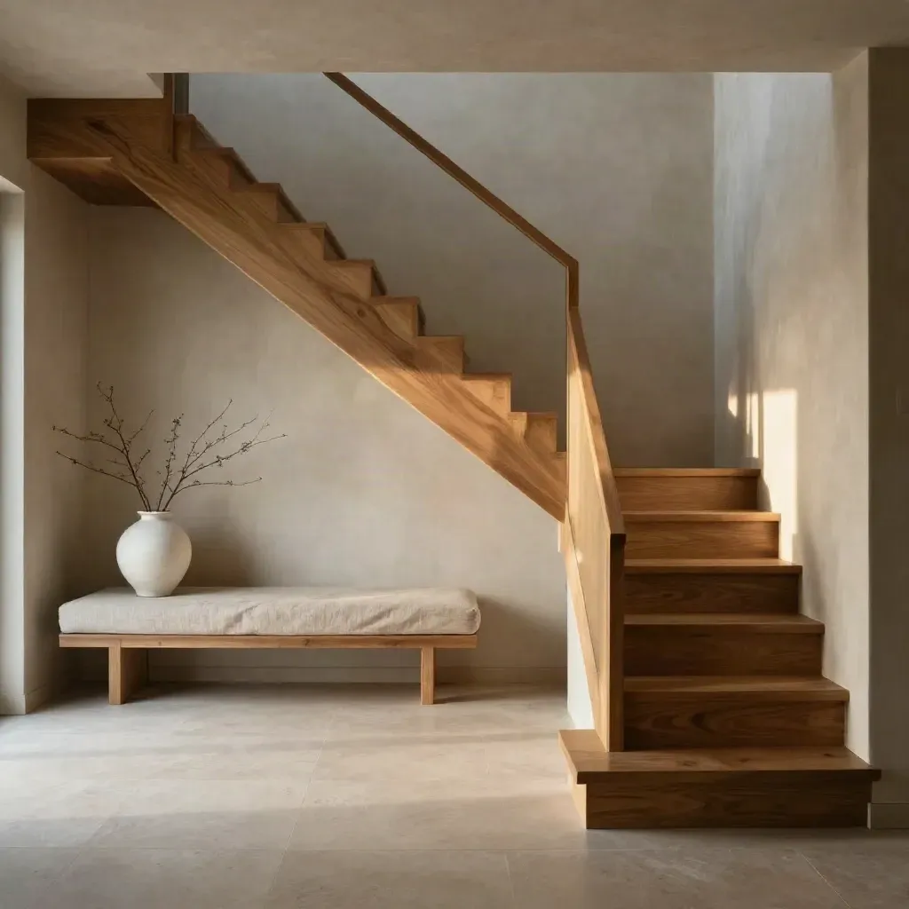 Sunlit townhouse foyer with oak stairs, linen bench, white vase of branches, and open copy space below.