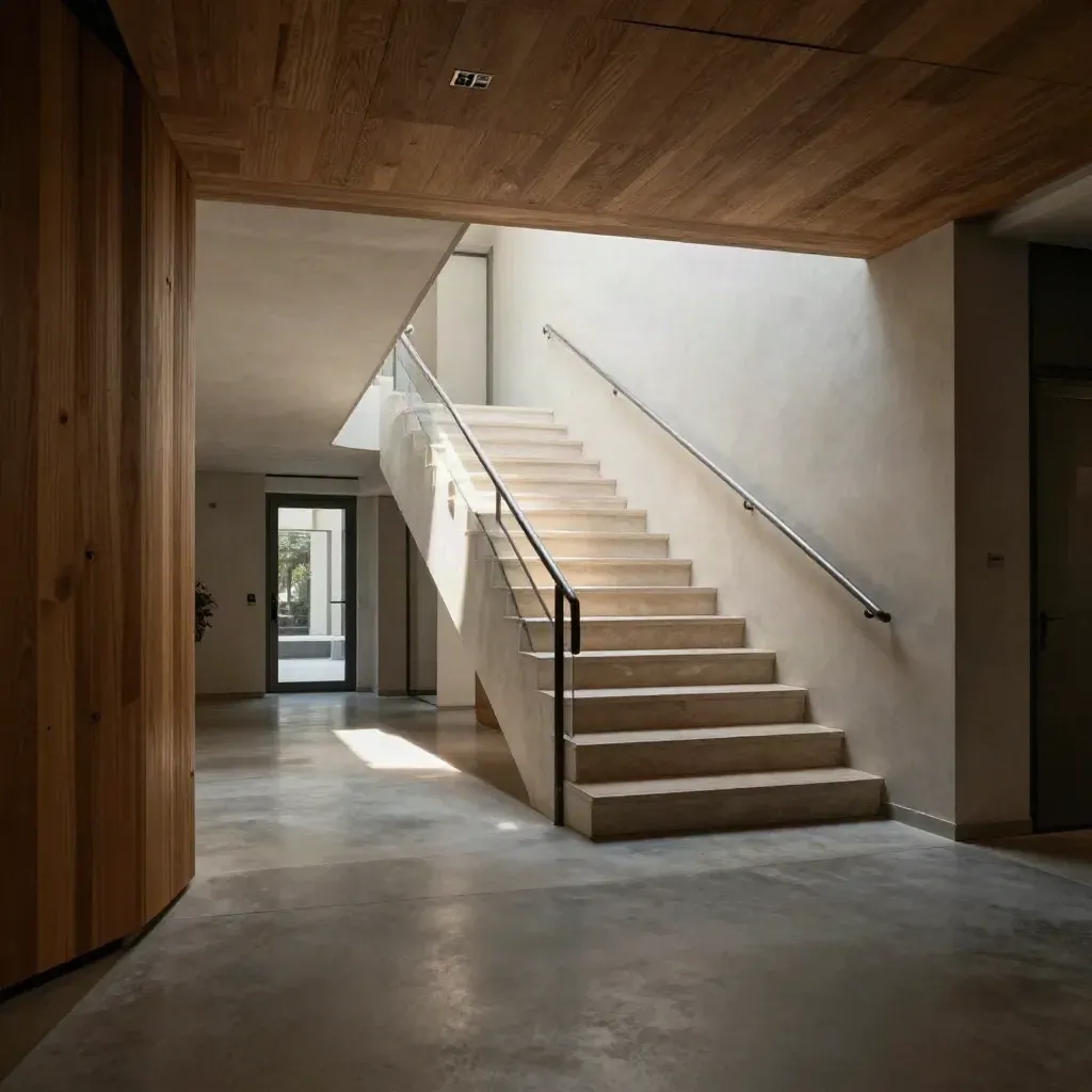 Sunlit condo lobby with oak slats, stairwell, and diagonal light over calm floor space.