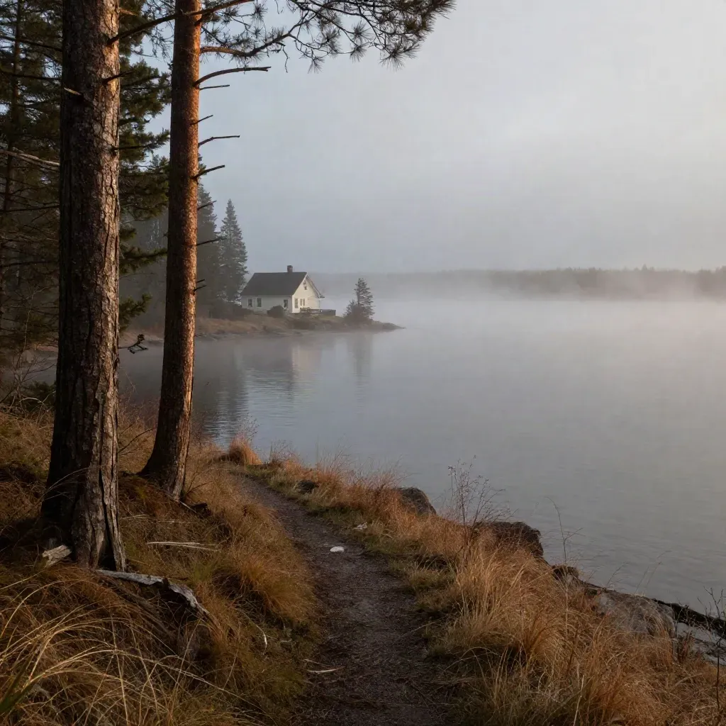 Misty cedar lakeshore ridge, narrow path, distant cottage roofline above calm foggy water