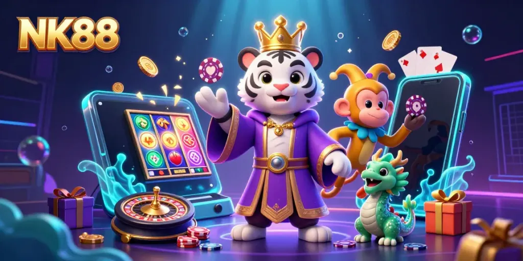 Engage in the thrilling experience of NK88, featuring a white tiger, a juggling monkey, and a jade dragon in a vibrant casino scene.