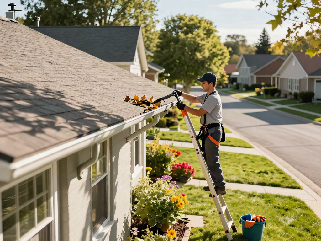 Spokane gutter cleaning technician clearing debris from residential gutters