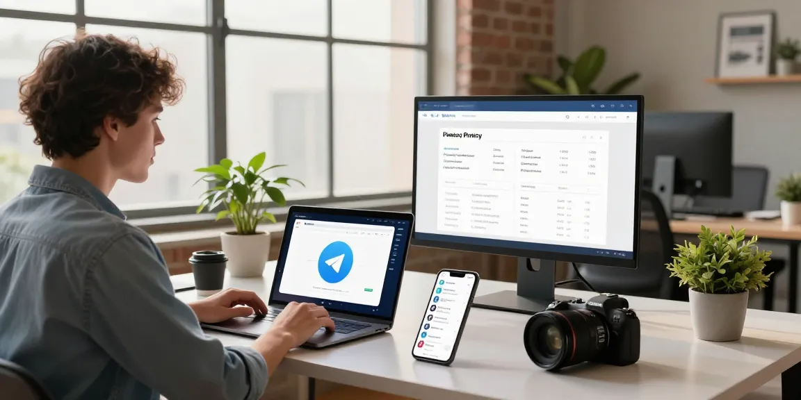 Explore Telegram Download in a vibrant tech workspace with multiple devices highlighting privacy features.