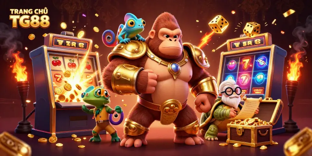 Engage with the excitement of TRANG CHỦ TG88 in a vibrant 3D casino illustration filled with a gorilla king and gaming elements.